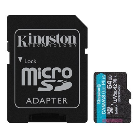 Kingston microSD Canvas Go! Plus 64 GB, MicroSD, Flash memory class 10, SD Adapter