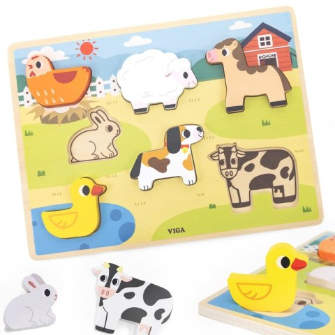 VIGA Drewniane Puzzle Układanka Montessori 2w1 Figurki Farma