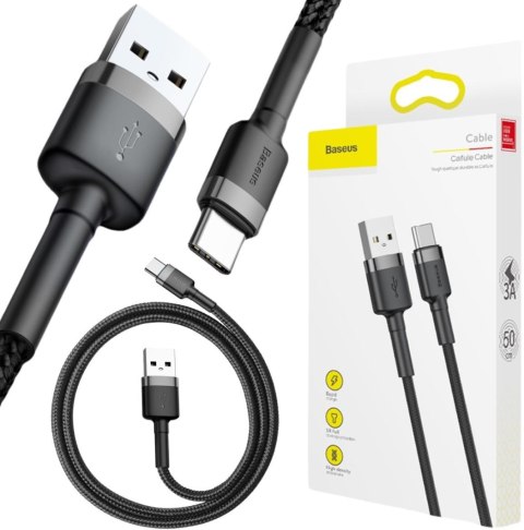 KABEL USB-A -> USB-C Baseus Cafule CATKLF-AG1 50cm 3A QC 3.0 CZARNO-SZARY W NYLONOWYM OPLOCIE