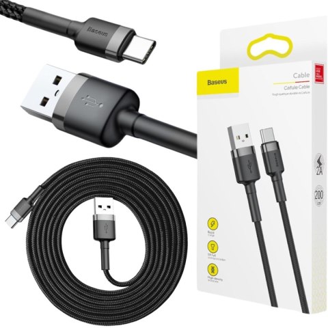 KABEL USB-A -> USB-C Baseus Cafule CATKLF-CG1 200cm 2A QC 3.0 CZARNO-SZARY W NYLONOWYM OPLOCIE