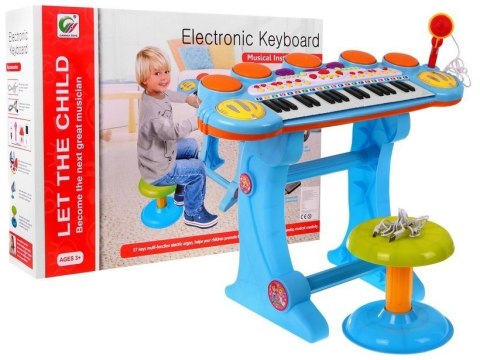 Niebieski zestaw muzyczny Keyboard + Werble + Mikrofon dla dzieci 3+ Światła + Dźwięki 3 oktawy