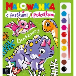 Malowanka z farbkami i pędzelkiem. Dinozaury