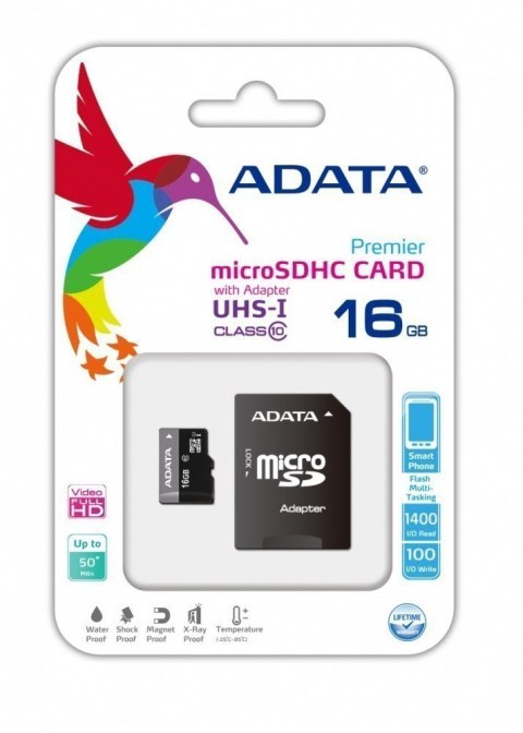 ADATA Premier UHS-I 16 GB, MicroSDHC, Flash memory class 10, SD adapter